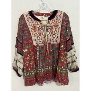 John Mark Bohemian Tunic Top Velvet Trim Embroidered Pattern Size‎ Small